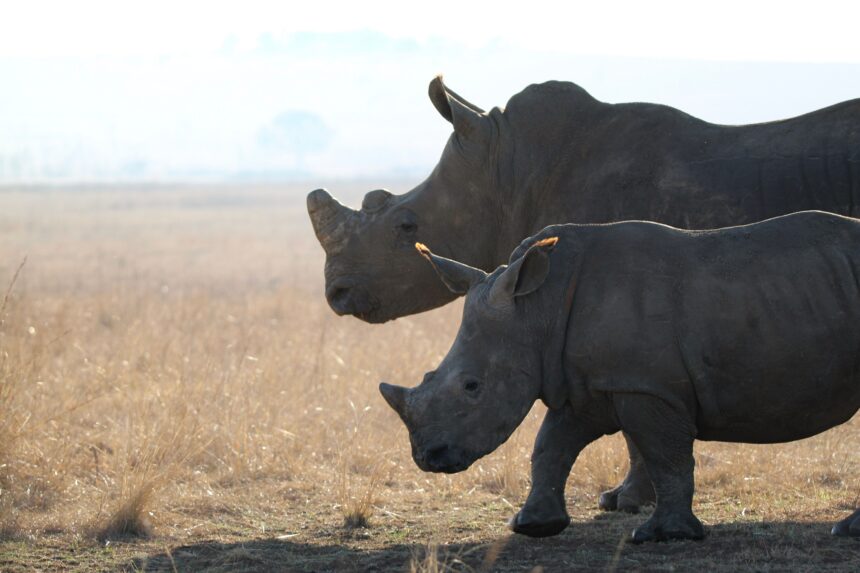 Two rhinos standing on dry grassland - 14 Days Amboseli Meru National Park Safari